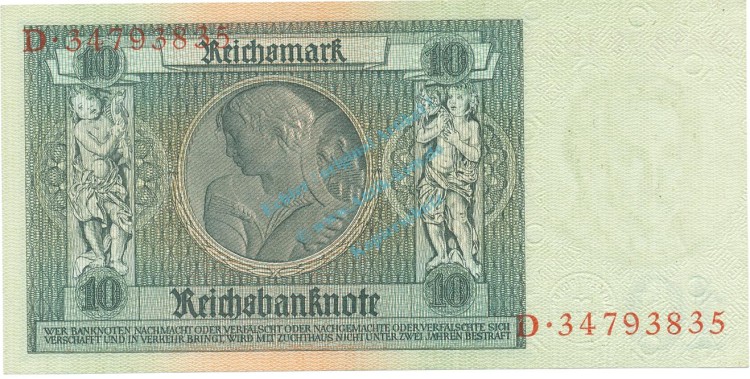 Reichsbanknote , 10 Mark Schein -E 1- in unc-kfr. DEU-183.a, Ros.173, P.180 Weimarer Republik 1929 Reichsbank