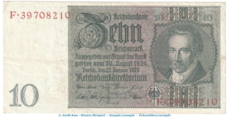 Reichsbanknote , 10 Mark Schein -E 2- in gbr. DEU-183.b, Ros.173, P.180 , vom 22.01.1929 , Weimarer Republik - Reichsbank