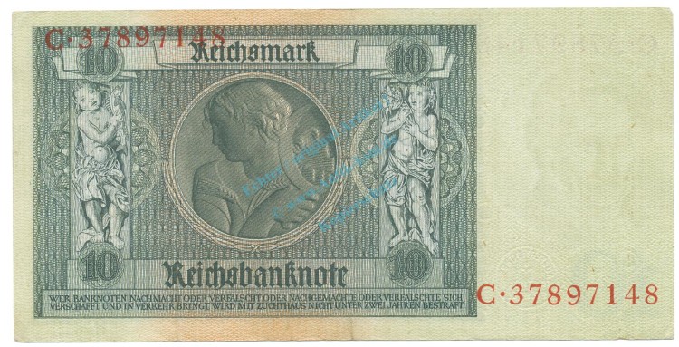 Reichsbanknote , 10 Mark Schein -E 2- L-gbr. DEU-183.b, Ros.173, P.180 Weimarer Republik 1929 Reichsbank