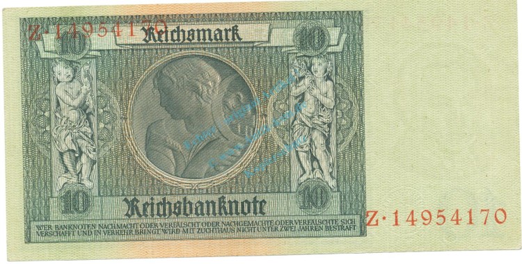 Reichsbanknote , 10 Mark Schein -F 3- in unc-kfr. DEU-183.a, Ros.173, P.180 Weimarer Republik 1929 Reichsbank