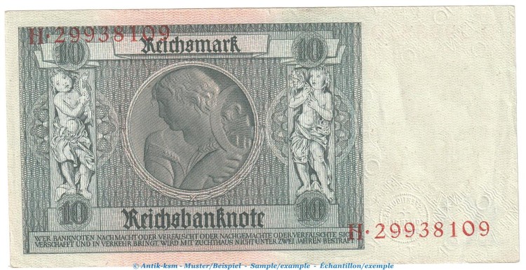 Reichsbanknote , 10 Mark Schein -K- L-gbr. DEU-183.b, Ros.173, P.180 Weimarer Republik 1929 Reichsbank