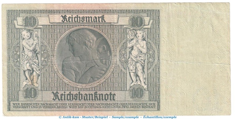 Reichsbanknote , 10 Mark Schein -Kriegsdruck- in gbr. DEU-183.c, Ros.173, P.180 , vom 22.01.1929 , Weimarer Republik - Reichsbank