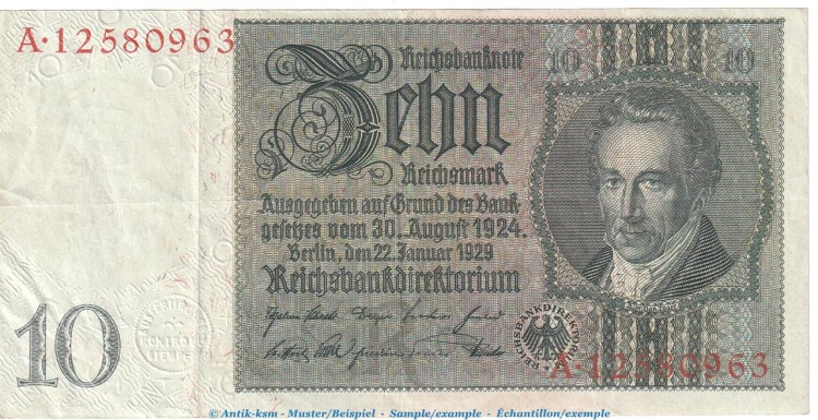 Reichsbanknote , 10 Mark Schein -R 1- in gbr. DEU-183.a, Ros.173, P.180 , vom 22.01.1929 , Weimarer Republik - Reichsbank