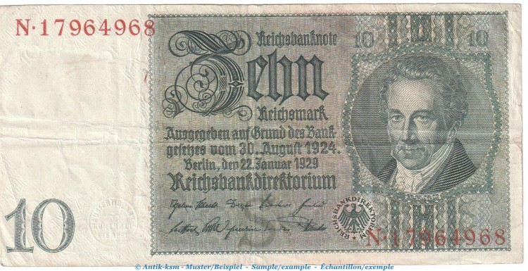 Reichsbanknote , 10 Mark Schein -S 1- in gbr. DEU-183.a, Ros.173, P.180 , vom 22.01.1929 , Weimarer Republik - Reichsbank