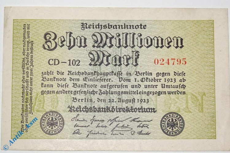 Reichsbanknote 10 Milliarden Mark , Rosenberg DEU-118 e , Banknote vom 22.08.1923 , Inflation