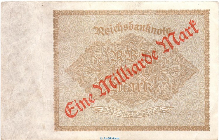 Reichsbanknote , 1 Milliarde Überdr. ORANGE in L-gbr. DEU-126.F.e, Ros.110, P.113 vom 15.12.1922 , Weimarer Republik - Inflation