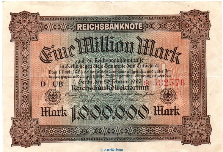 Reichsbanknote , 1 Million Mark Schein in gbr. DEU-96.a, Ros.85, P.86 vom 20.02.1923 , Weimarer Republik