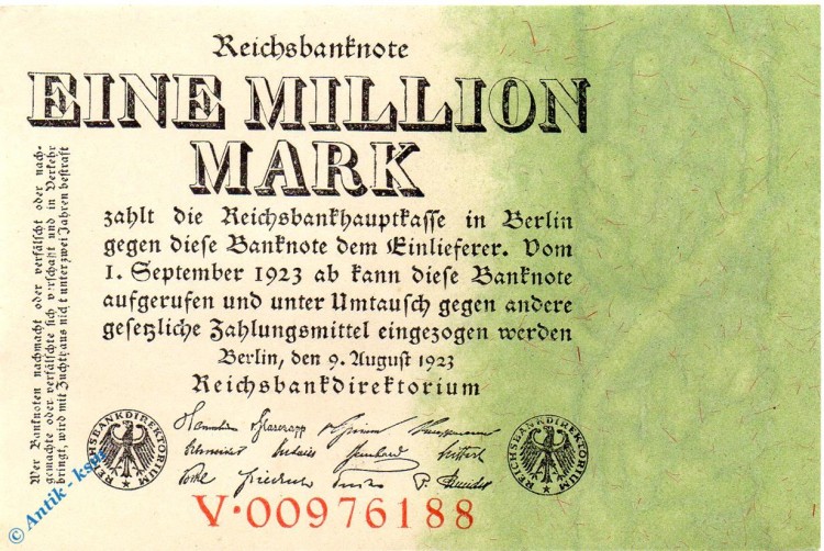 Reichsbanknote , 1 Million Mark Schein kfr , DEU-113 , Rosenberg 100 , Pick 101 , vom 09.08.1923 , Nachkriegszeit und Inflation