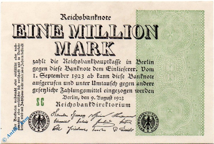 Reichsbanknote , 1 Million Mark Schein , Wz Ringe , DEU-114 c , Rosenberg 101 , P 102 , vom 09.08.1923 , Weimarer Republik