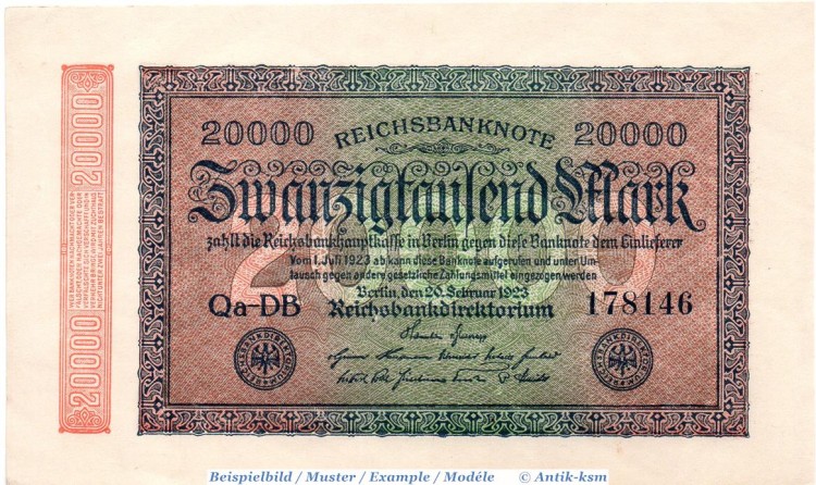 Reichsbanknote , 20.000 Mark Schein in kfr. Hakensterne , DEU-95 , Ros.84 , P.85 , vom 22.02.1923 , Nachkriegszeit und Inflation
