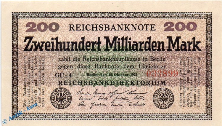 Reichsbanknote , 200 Milliarden Mark Schein kfr. DEU-143 g , Rosenberg 118 , P 121 , vom 15.10.1923 , Inflation