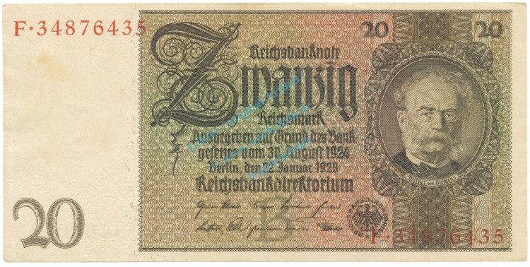 Reichsbanknote , 20 Mark Schein -B 2- in unc-kfr. DEU-184.a, Ros.174, P.181 Weimarer Republik 1929 Reichsbank