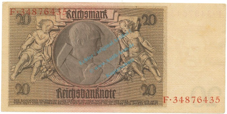 Reichsbanknote , 20 Mark Schein -B 2- in unc-kfr. DEU-184.a, Ros.174, P.181 Weimarer Republik 1929 Reichsbank