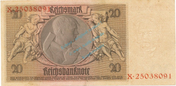 Reichsbanknote , 20 Mark Schein -B 3- in unc-kfr. DEU-184.a, Ros.174, P.181 Weimarer Republik 1929 Reichsbank