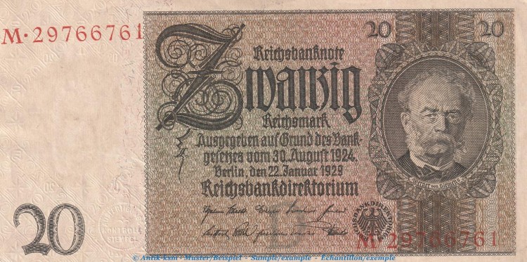 Reichsbanknote , 20 Mark Schein -D1- in kfr. DEU-184.a, Ros.174, P.181 , vom 22.01.1929 , Weimarer Republik - Reichsbank