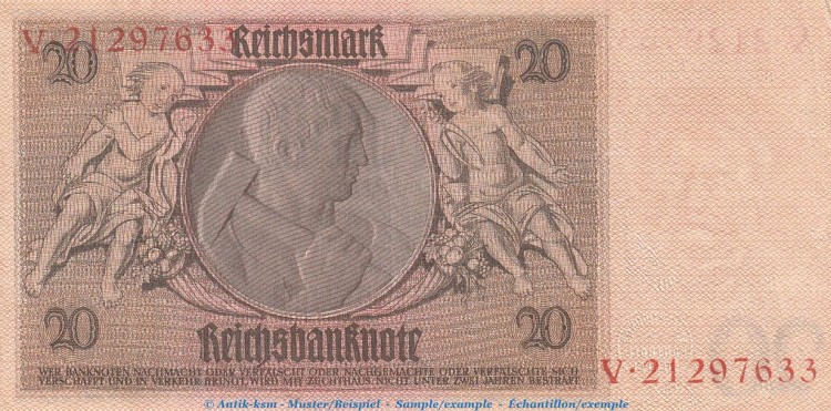 Reichsbanknote , 20 Mark Schein -E 2- in f-kfr. DEU-184.a, Ros.174, P.81 , vom 22.01.1929 , Weimarer Republik - Reichsbank