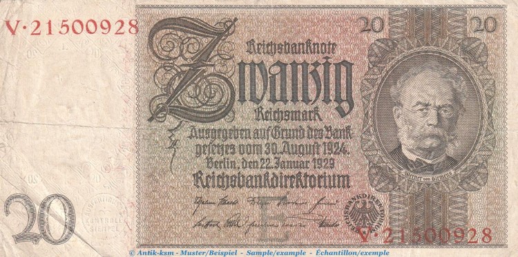 Reichsbanknote , 20 Mark Schein -E 2- in gbr. DEU-184.a, Ros.174, P.81 , vom 22.01.1929 , Weimarer Republik - Reichsbank