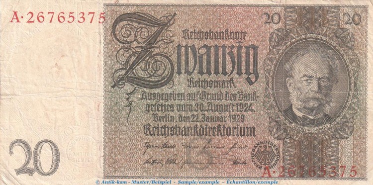 Reichsbanknote , 20 Mark Schein -G 1- in gbr. DEU-184.a, Ros.174, P.81 , vom 22.01.1929 , Weimarer Republik - Reichsbank
