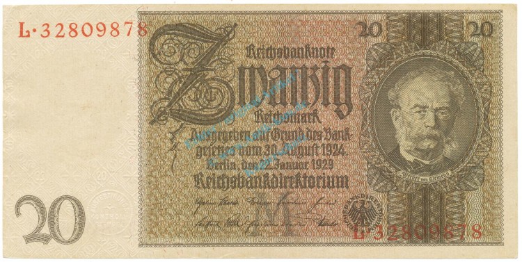 Reichsbanknote , 20 Mark Schein -M 2- in unc-kfr. DEU-184.b, Ros.174, P.181 Weimarer Republik 1929 Reichsbank