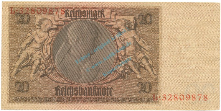 Reichsbanknote , 20 Mark Schein -M 2- in unc-kfr. DEU-184.b, Ros.174, P.181 Weimarer Republik 1929 Reichsbank