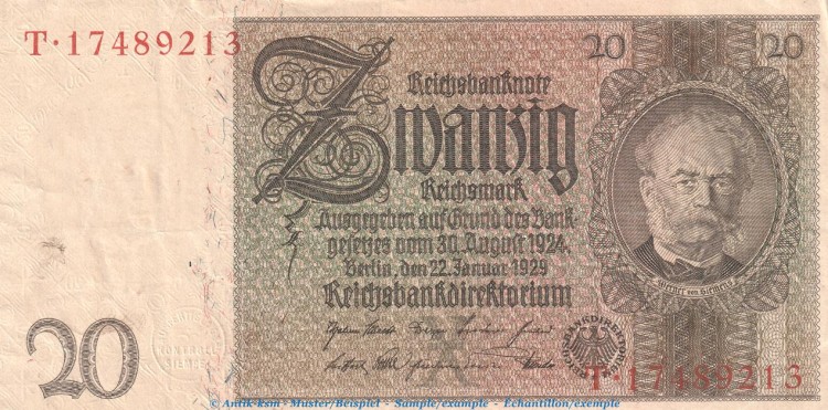 Reichsbanknote , 20 Mark Schein -X 1- in gbr. DEU-184.a, Ros.174, P.81 , vom 22.01.1929 , Weimarer Republik - Reichsbank