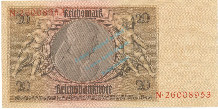 Reichsbanknote , 20 Mark Schein -Z 2- in unc-kfr. DEU-184.a, Ros.174, P.181 Weimarer Republik 1929 Reichsbank