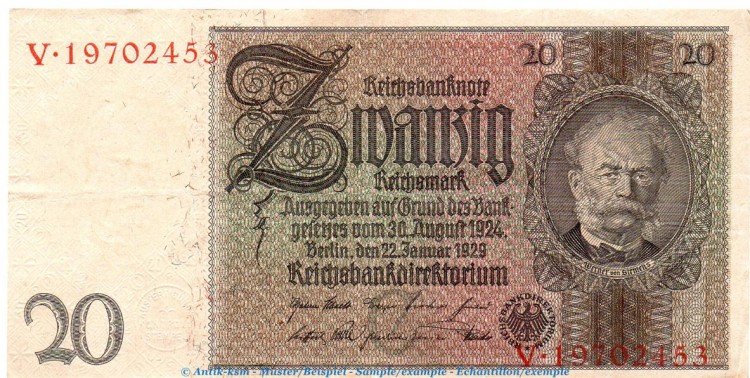 Reichsbanknote , 20 Mark Schein C , V-Z , in gbr. DEU-184.a, Ros.174, P.181 , vom 22.01.1929 , Weimarer Republik - Reichsbank