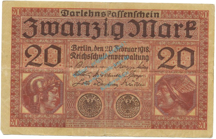 Reichsbanknote , 20 Mark Schein gbr. DEU-62, Ros.55, P.57 , Deutsches Kaiserreich 1918 Reichsschuldenverwaltung
