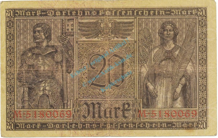 Reichsbanknote , 20 Mark Schein gbr. DEU-62, Ros.55, P.57 , Deutsches Kaiserreich 1918 Reichsschuldenverwaltung