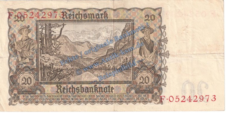 Reichsbanknote , 20 Mark Schein in gbr. DEU-215, Ros.178, P.185 , vom 16.06.1939 , drittes Reich - Reichsbank