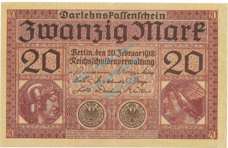 Reichsbanknote , 20 Mark Schein L-gbr. DEU-62, Ros.55, P.57 , Deutsches Kaiserreich 1918 Reichsschuldenverwaltung