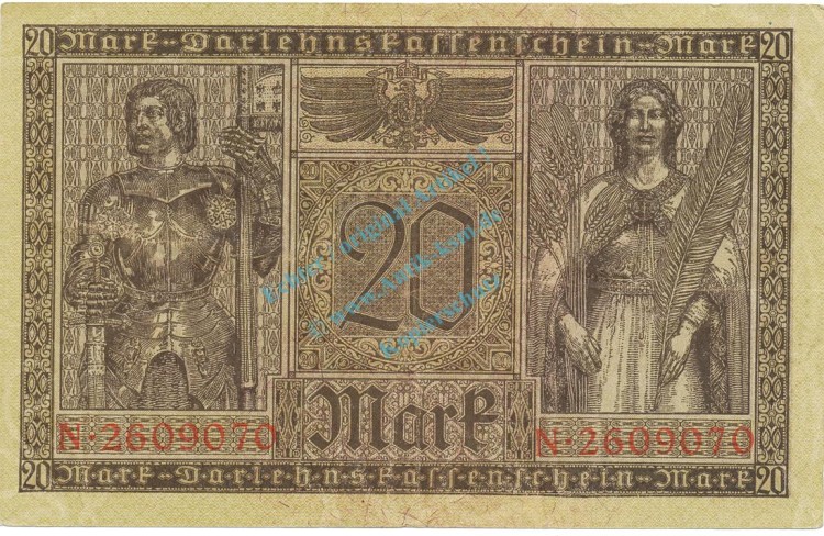 Reichsbanknote , 20 Mark Schein L-gbr. DEU-62, Ros.55, P.57 , Deutsches Kaiserreich 1918 Reichsschuldenverwaltung