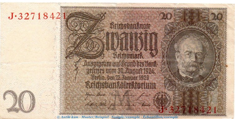 Reichsbanknote , 20 Mark Schein M , H-O , in gbr. DEU-184.b, Ros.174, P.181 vom 22.01.1929 , Weimarer Republik - Reichsbank