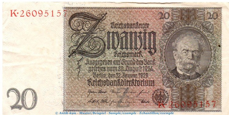Reichsbanknote , 20 Mark Schein Z , F-P , in gbr. DEU-184.a, Ros.174, P.181 , vom 22.01.1929 , Weimarer Republik - Reichsbank