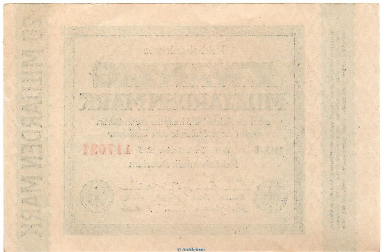 Reichsbanknote , 20 Milliarden Mark -Rauten- in kfr. DEU-137.e, Ros.115, P.118 , vom 01.10.1923 , Weimarer Republik - Inflation