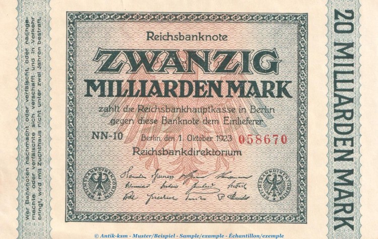 Reichsbanknote , 20 Milliarden Mark -Ringe- in kfr. DEU-137.c, Ros.115, P.118 , vom 01.10.1923 , Weimarer Republik - Inflation
