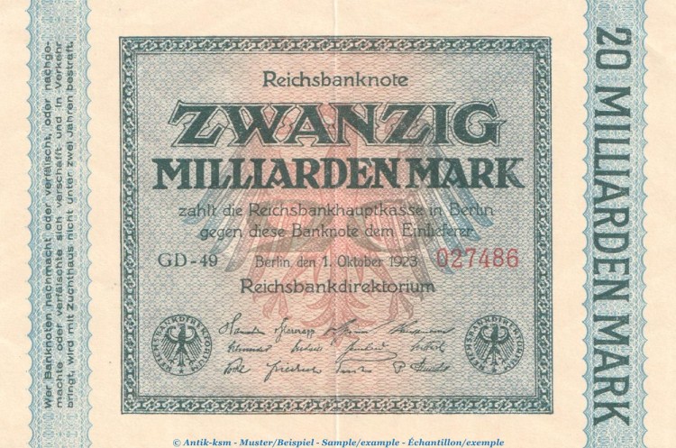 Reichsbanknote , 20 Milliarden Mark Schein in f.kfr. DEU-137.g, Ros.115, P.118 , vom 01.10.1923 , Weimarer Republik - Inflation