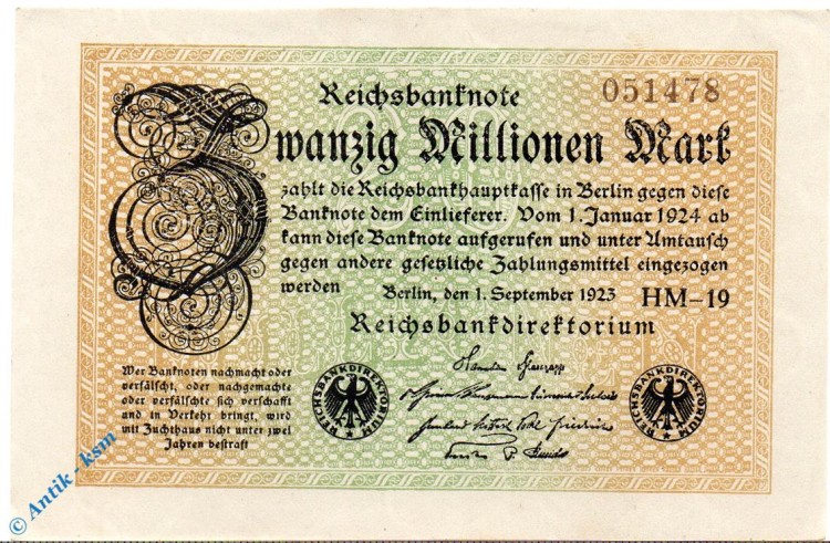Reichsbanknote , 20 Millionen Mark , Wz Wellen , DEU-121 b , Rosenberg 107 , P 108 , vom 01.09.1923 , Inflation