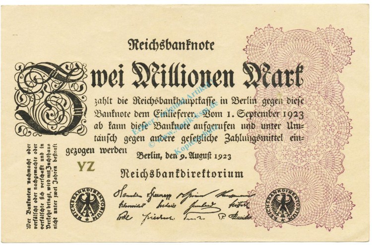 Reichsbanknote , 2 Millionen Mark -FZ graugrün- unc.kfr. DEU-116, Ros.103, P.104 , Weimarer Republik 1923 Inflation