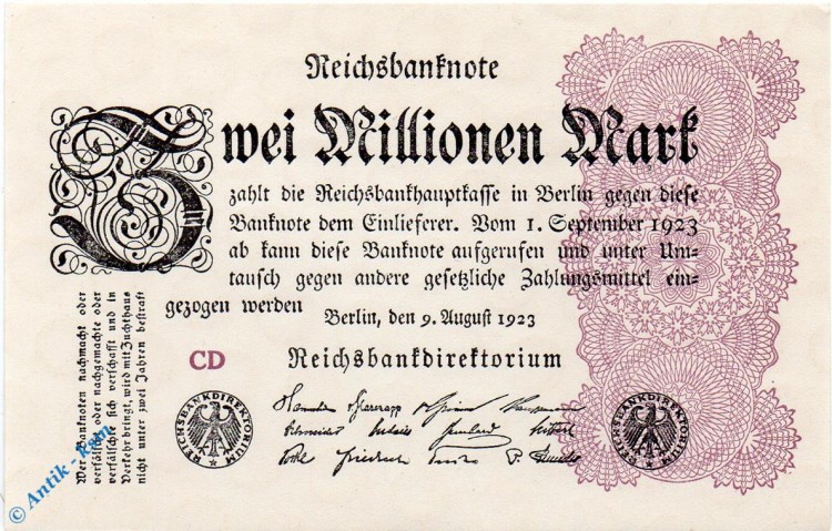 Reichsbanknote , 2 Millionen Mark Schein , Wz Ringe , DEU-116 c , Rosenberg 103 , P 104 , vom 09.08.1923 , Inflation
