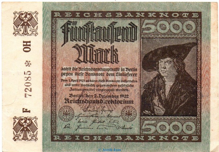 Reichsbanknote , 5.000 Mark Schein Kn. 5-stellig in gbr. DEU-91.c, Ros.80, P.81 , vom 02.12.1922 , Nachkriegszeit und Inflation