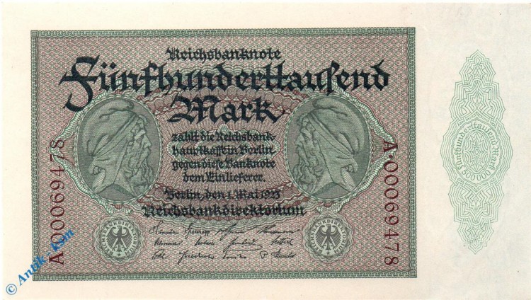 Reichsbanknote , 500.000 Mark Schein , DEU-99 b , Rosenberg 87 , P 88 , 01.05.1923 , InflationReichsbanknote , 500.000 Mark Schein , DEU-99 b , Rosenberg 87 , P 88 , 01.05.1923 , Inflation