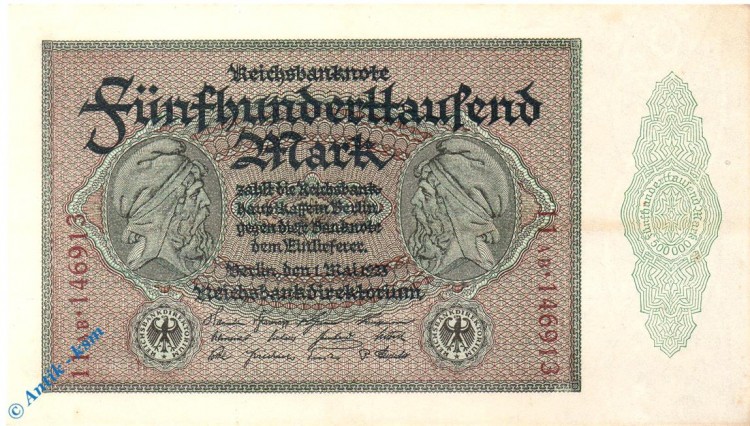 Reichsbanknote , 500.000 Mark Schein kfr , DEU-99 e , Rosenberg 87 , P 88 , vom 01.05.1923 , Nachkriegszeit und InflationReichsbanknote , 500.000 Mark Schein kfr , DEU-99 e , Rosenberg 87 , P 88 , vom 01.05.1923 , Nachkriegszeit und Inflation
