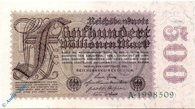 Reichsbanknote , 500 Millionen Mark in kfr. DEU-124 a , Ros.109 , P.110, vom 01.09.1923 , Weimarer Republik - Inflation