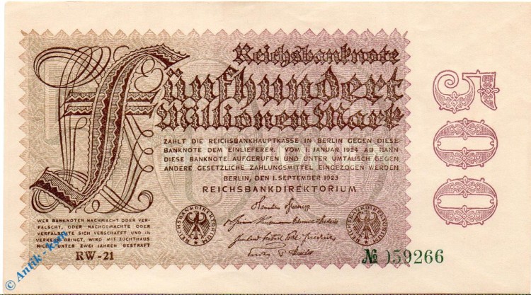 Reichsbanknote , 500 Millionen Mark , Wz Hakensterne , DEU-125 h , Rosenberg 109 , P 110 , vom 01.09.1923 , Nachkriegszeit und Inflation