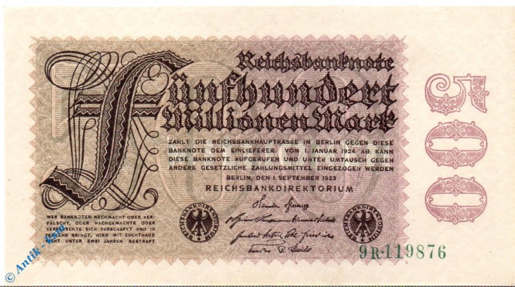 Reichsbanknote , 500 Millionen Mark , Wz Kreuzblüten , DEU-125 a , Rosenberg 109 , P 110 , vom 01.09.1923 , Nachkriegszeit und Inflation
