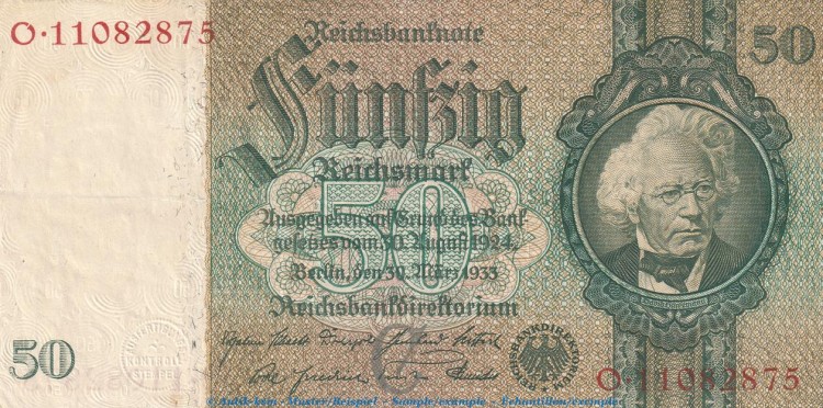 Reichsbanknote , 50 Mark Schein -C2- in gbr. DEU-210.b, Ros.175, P.182 , vom 30.03.1933 , deutsches Reich - Reichsbank