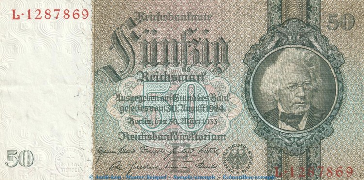 Reichsbanknote , 50 Mark Schein -E- in gbr. DEU-210.a, Ros.175, P.182 , vom 30.03.1933 , deutsches Reich - Reichsbank