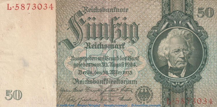 Reichsbanknote , 50 Mark Schein -H- in gbr. DEU-210.a, Ros.175, P.182 , vom 30.03.1933 , deutsches Reich - Reichsbank
