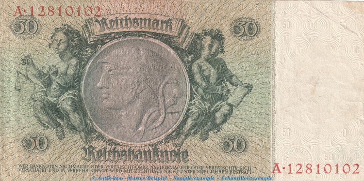 Reichsbanknote , 50 Mark Schein -K- in gbr. DEU-210.b, Ros.175, P.182 , vom 30.03.1933 , deutsches Reich - Reichsbank